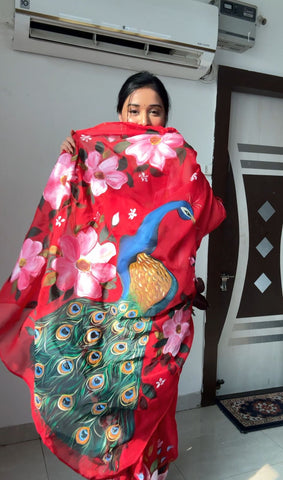 Seraglio 1-Minute Ready To Wear Red Organza Silk Saree