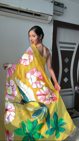 Evanescent 1-Minute Ready To Wear Yellow Organza Silk Saree