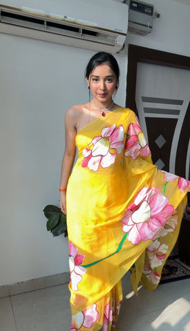 Evanescent 1-Minute Ready To Wear Yellow Organza Silk Saree