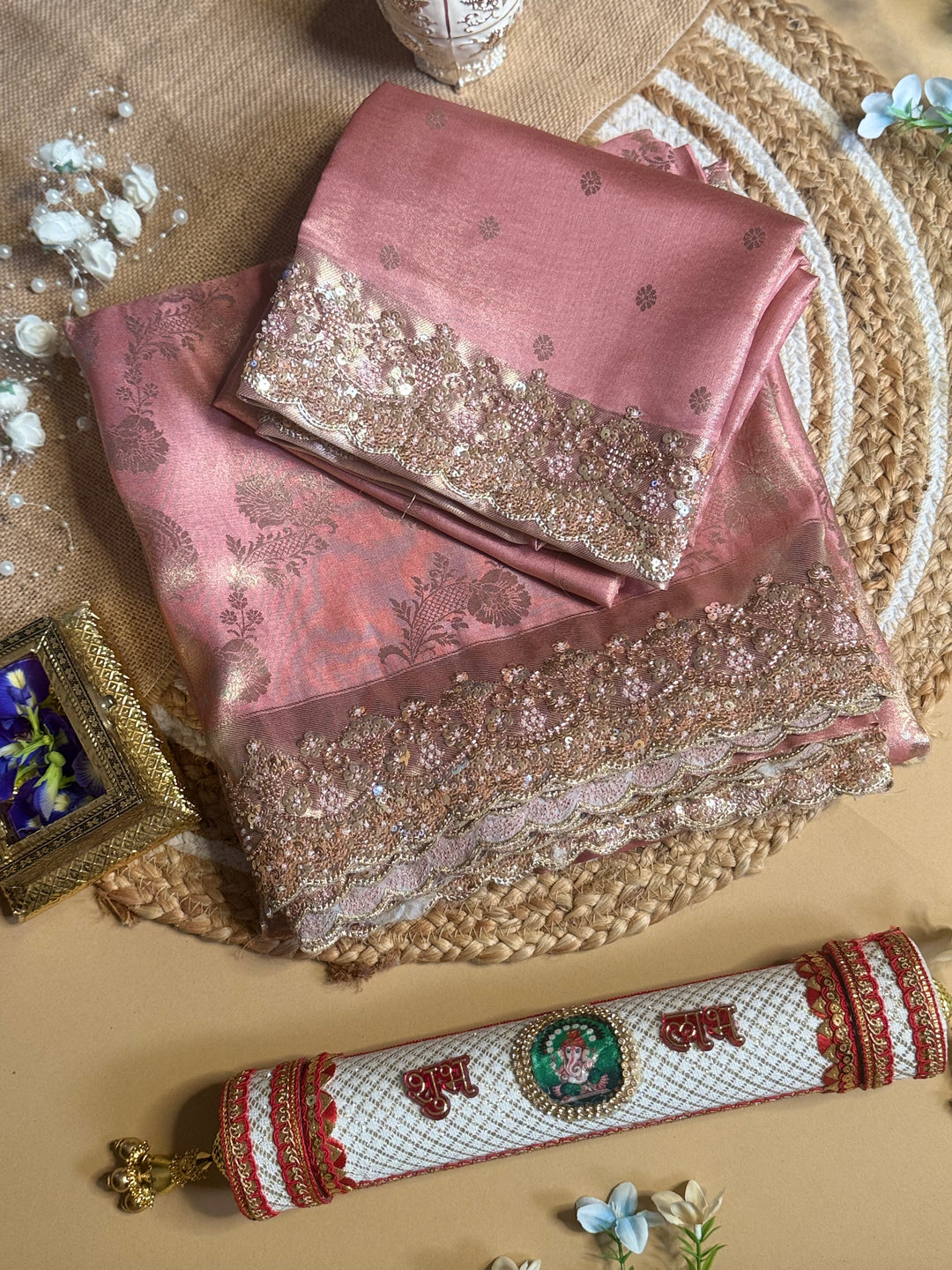 Premium Banarasi Tissue Silk Saree with Heavy Sequence Satari Work- PINK