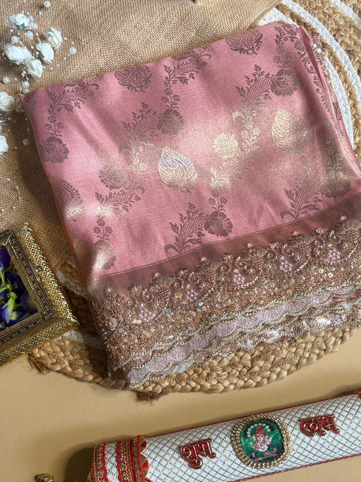 Premium Banarasi Tissue Silk Saree with Heavy Sequence Satari Work- PINK