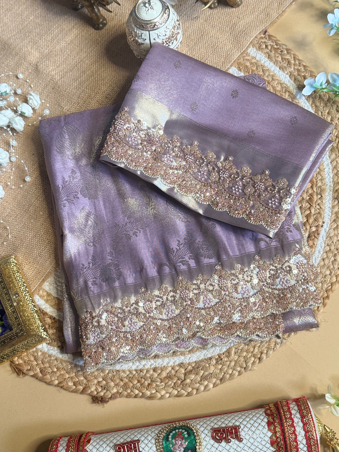 Premium Banarasi Tissue Silk Saree with Heavy Sequence Satari Work- PURPLE