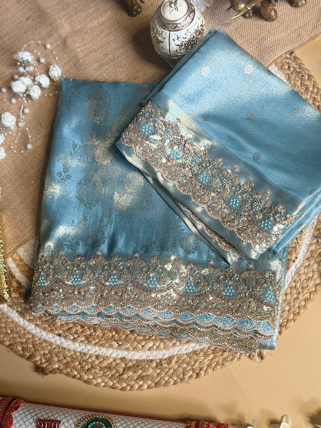 Premium Banarasi Tissue Silk Saree with Heavy Sequence Satari Work- SKY BLUE
