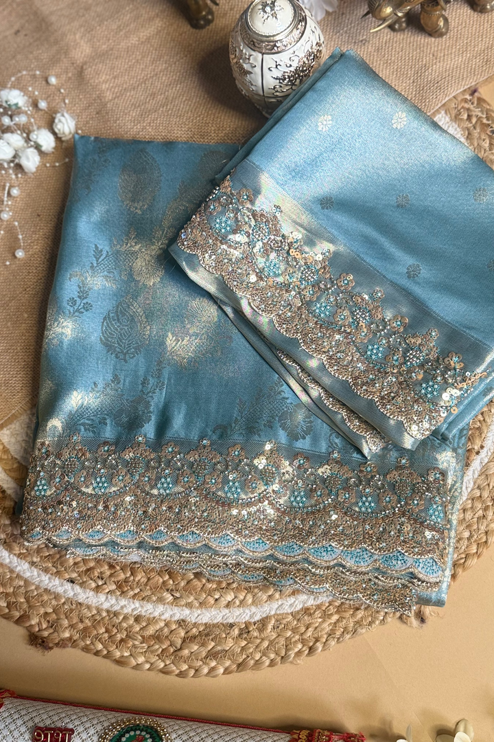 Premium Banarasi Tissue Silk Saree with Heavy Sequence Satari Work- SKY BLUE