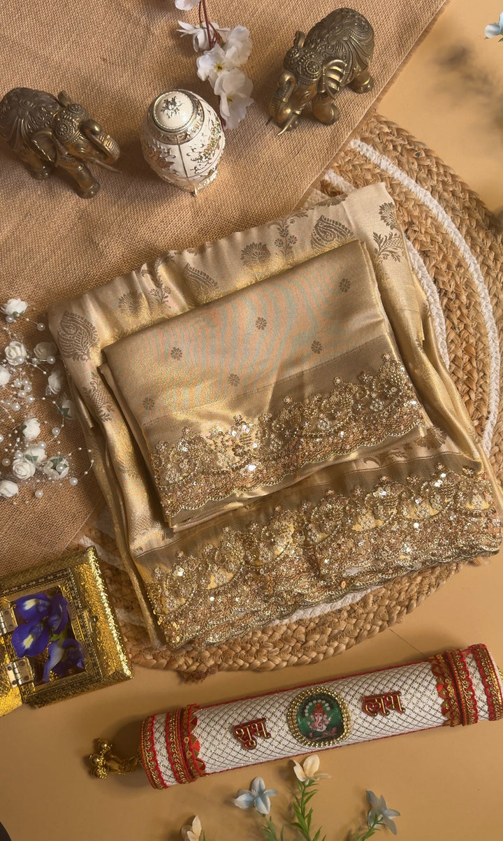 Premium Banarasi Tissue Silk Saree with Heavy Sequence Satari Work- GOLDEN