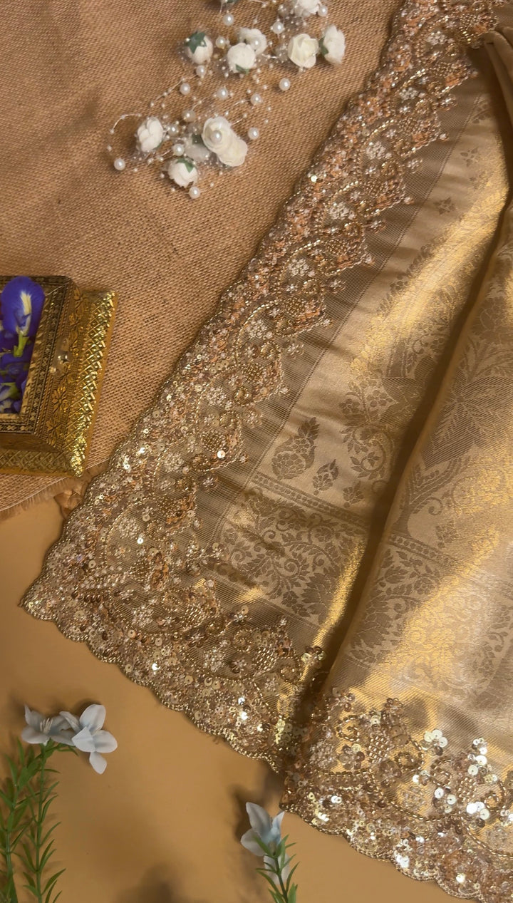 Premium Banarasi Tissue Silk Saree with Heavy Sequence Satari Work- GOLDEN