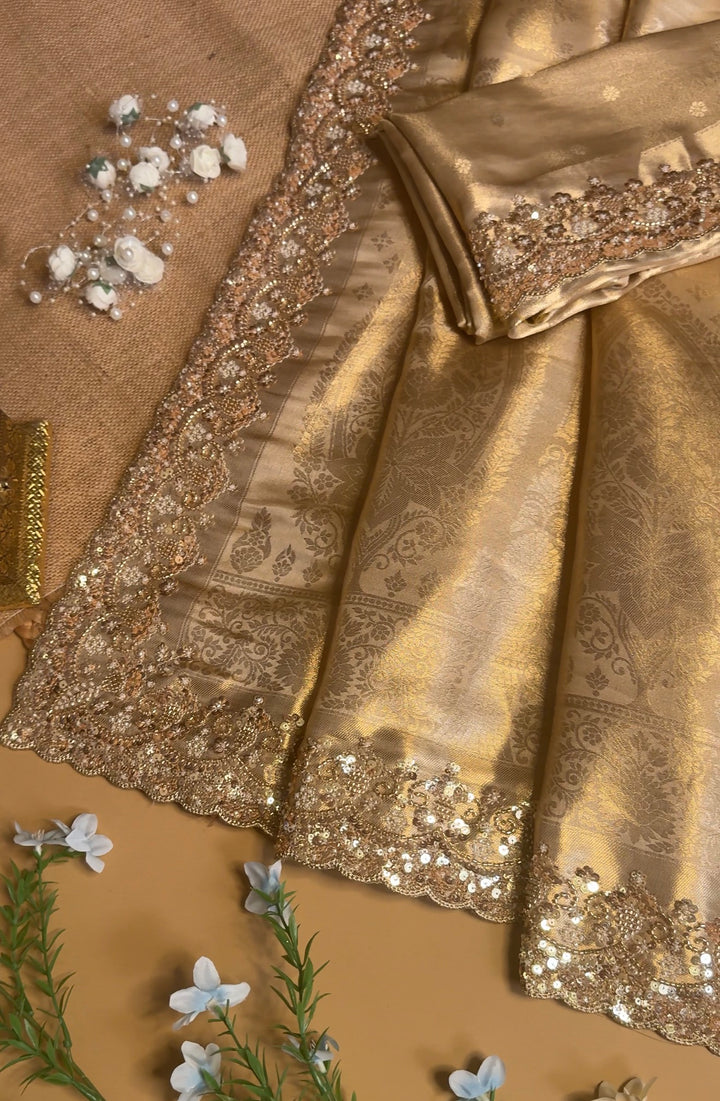 Premium Banarasi Tissue Silk Saree with Heavy Sequence Satari Work- GOLDEN