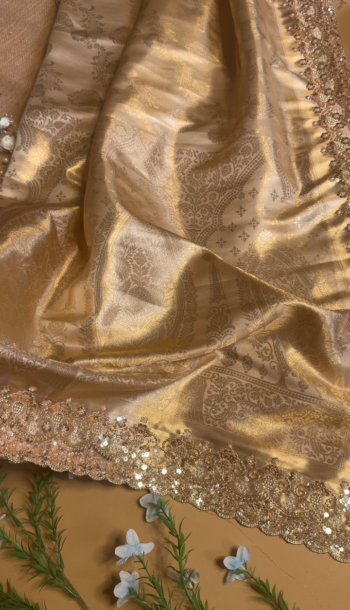 Premium Banarasi Tissue Silk Saree with Heavy Sequence Satari Work- GOLDEN
