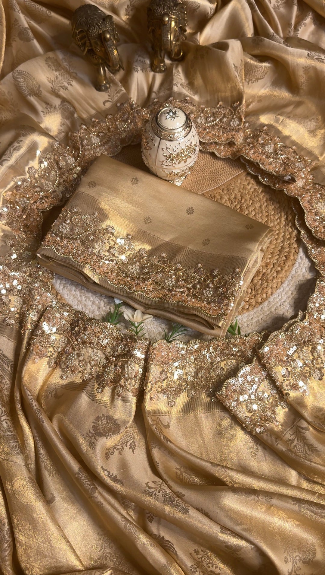 Premium Banarasi Tissue Silk Saree with Heavy Sequence Satari Work- GOLDEN