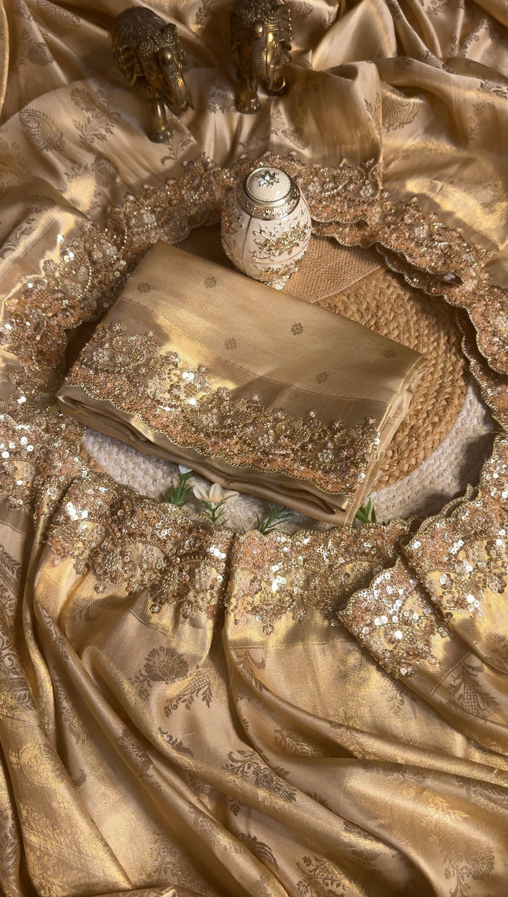 Premium Banarasi Tissue Silk Saree with Heavy Sequence Satari Work- GOLDEN