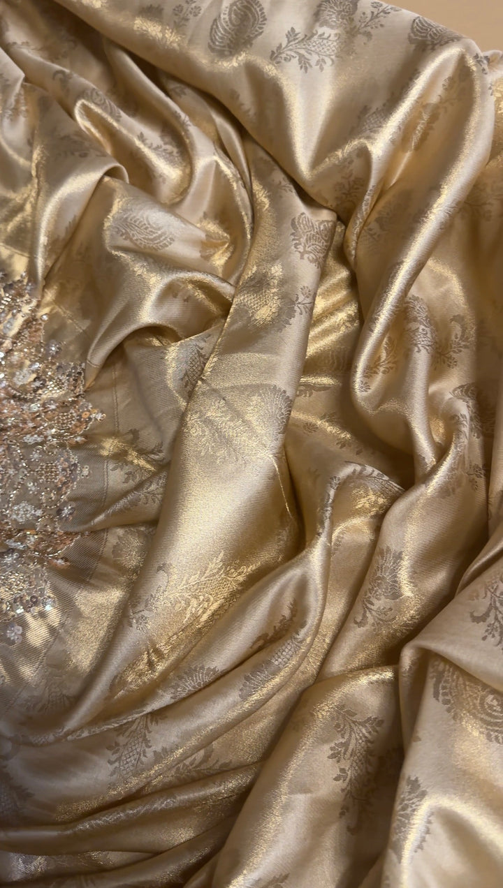 Premium Banarasi Tissue Silk Saree with Heavy Sequence Satari Work- GOLDEN