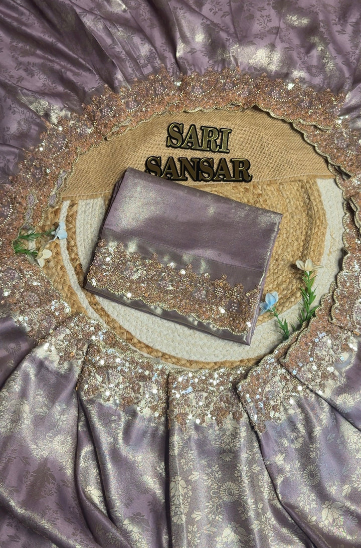 Premium Banarasi Tissue Silk Saree with Heavy Sequence Satari Work- PURPLE