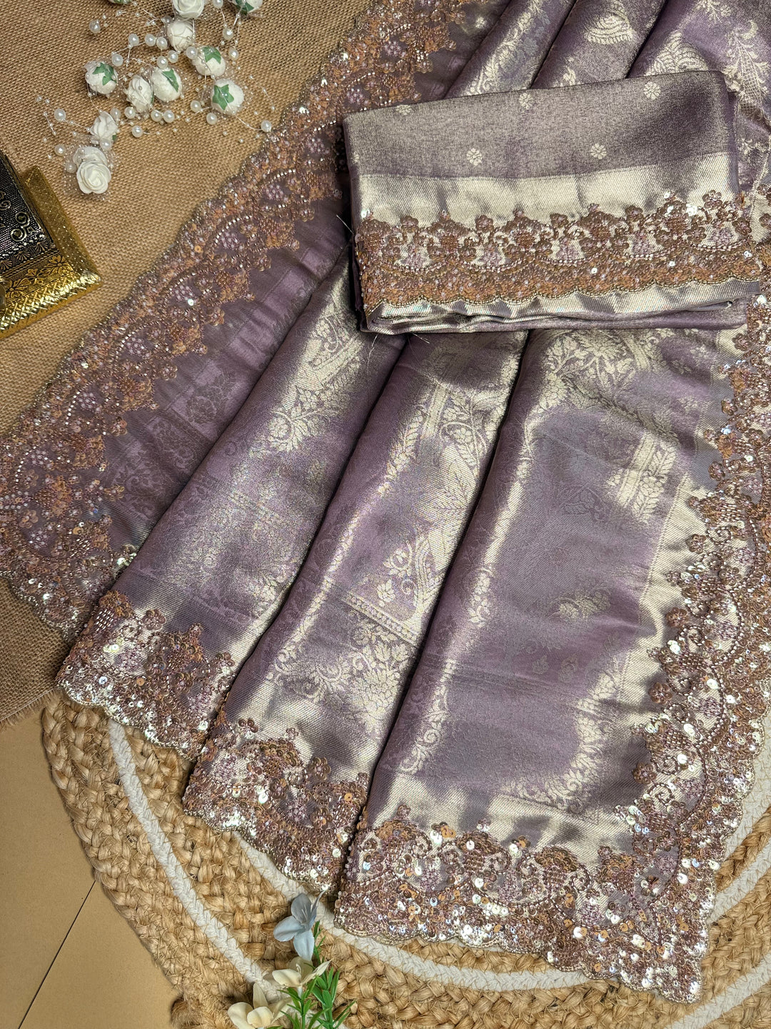 Premium Banarasi Tissue Silk Saree with Heavy Sequence Satari Work- PURPLE