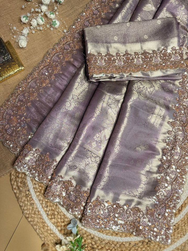 Premium Banarasi Tissue Silk Saree with Heavy Sequence Satari Work- PURPLE