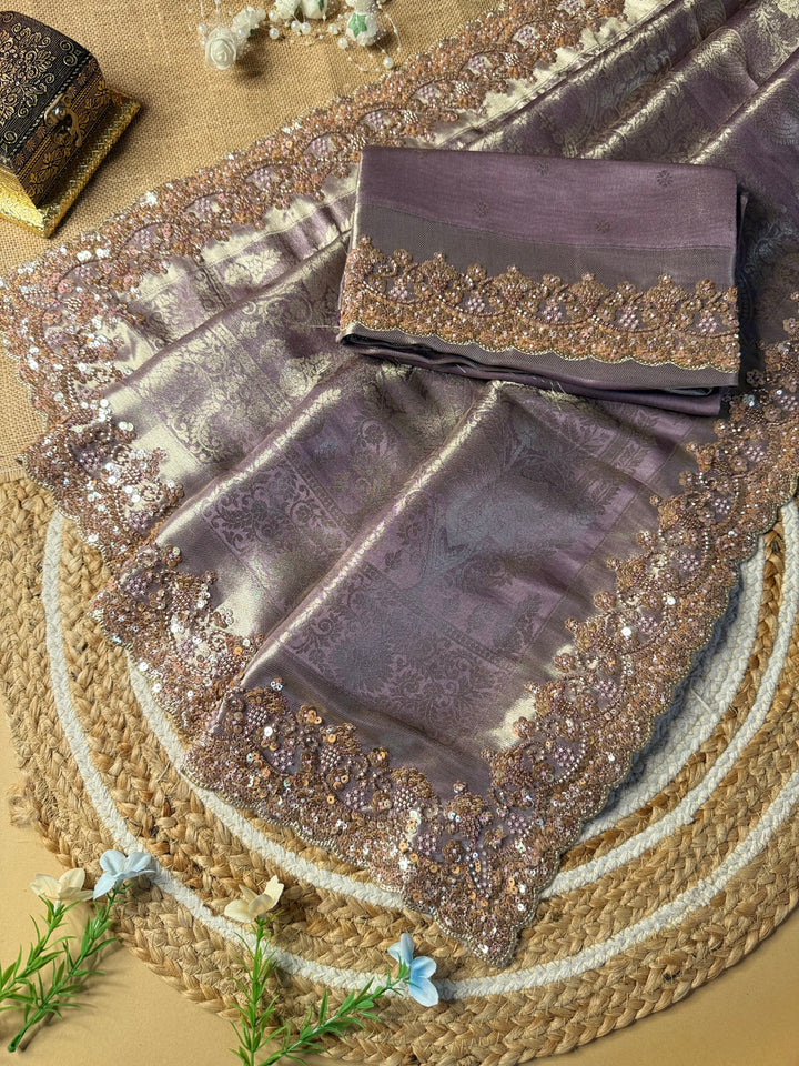 Premium Banarasi Tissue Silk Saree with Heavy Sequence Satari Work- PURPLE