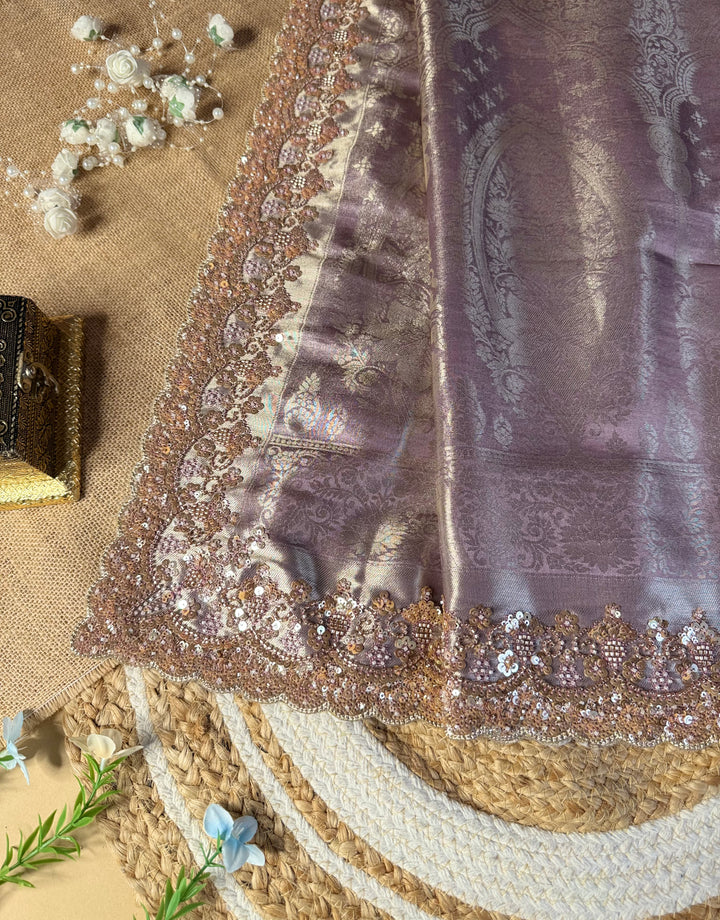 Premium Banarasi Tissue Silk Saree with Heavy Sequence Satari Work- PURPLE