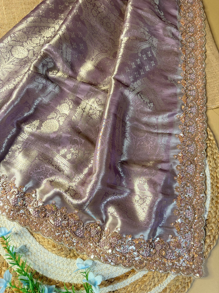 Premium Banarasi Tissue Silk Saree with Heavy Sequence Satari Work- PURPLE