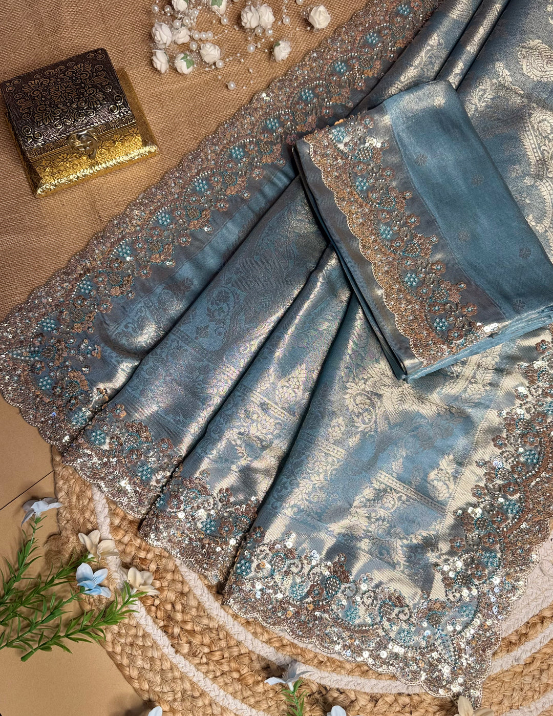 Premium Banarasi Tissue Silk Saree with Heavy Sequence Satari Work- SKY BLUE