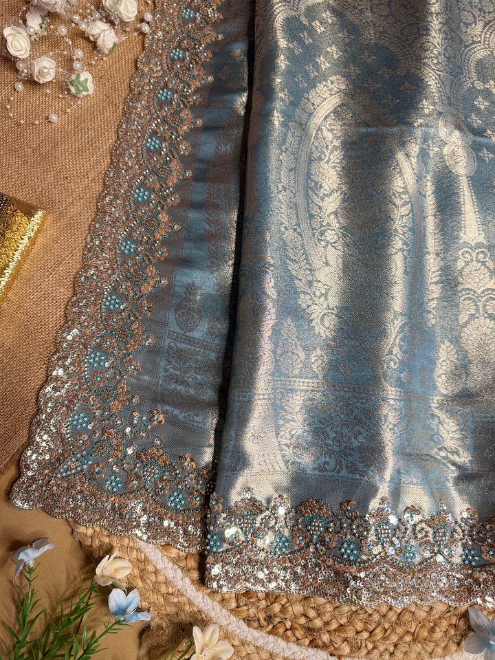 Premium Banarasi Tissue Silk Saree with Heavy Sequence Satari Work- SKY BLUE
