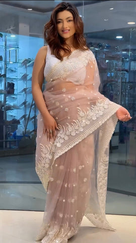 Baby Pink Beautiful Designer Soft Net Saree With Chikankari Work