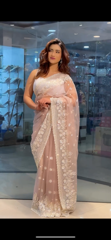 Baby Pink Beautiful Designer Soft Net Saree With Chikankari Work