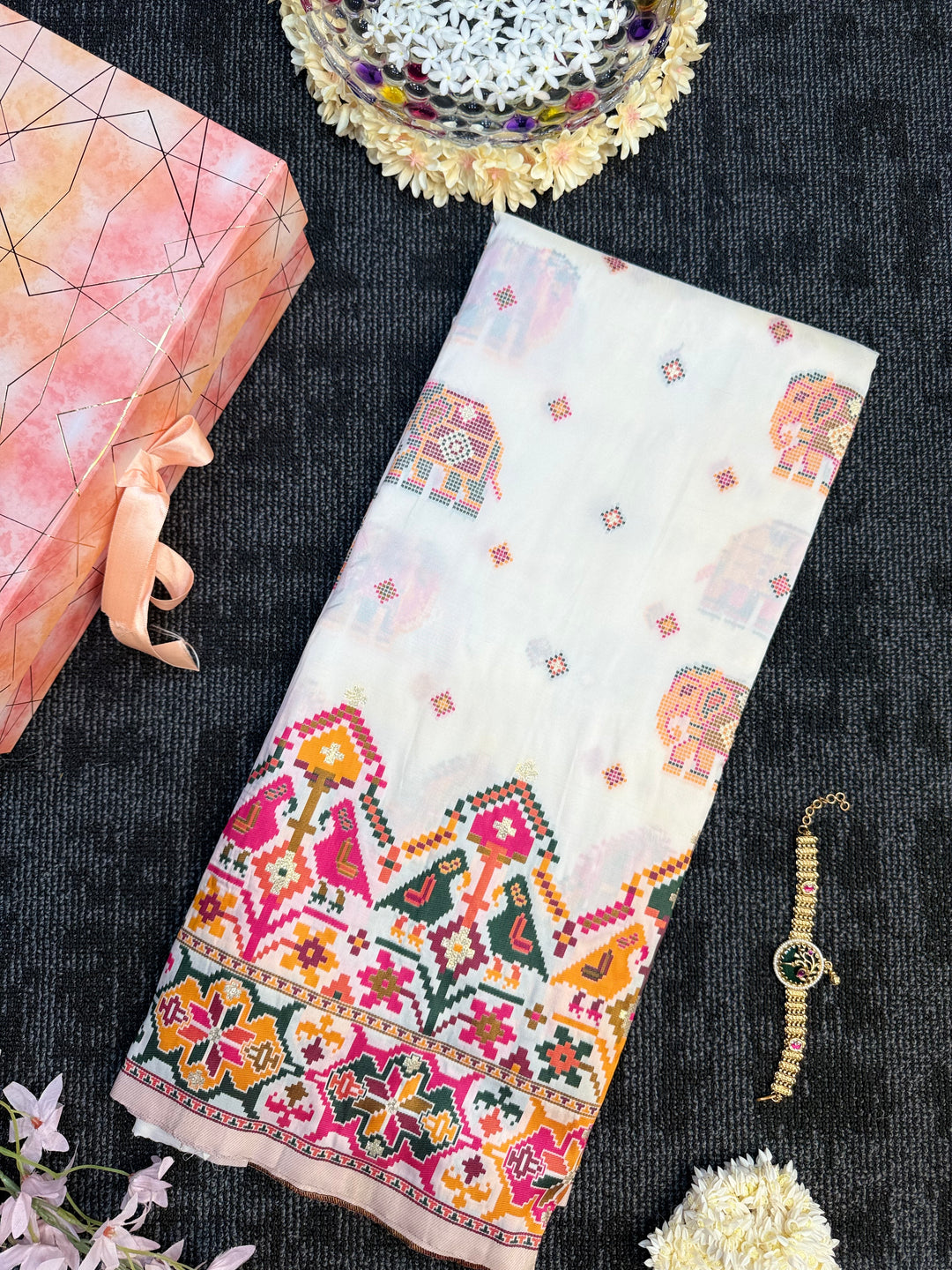 Shahi Rangrez Elephant Motif Designer Pashmina Saree