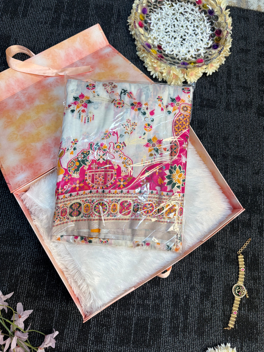 Rangrez Heritage Pashmina Saree with Floral &amp; Folk Art Detailing