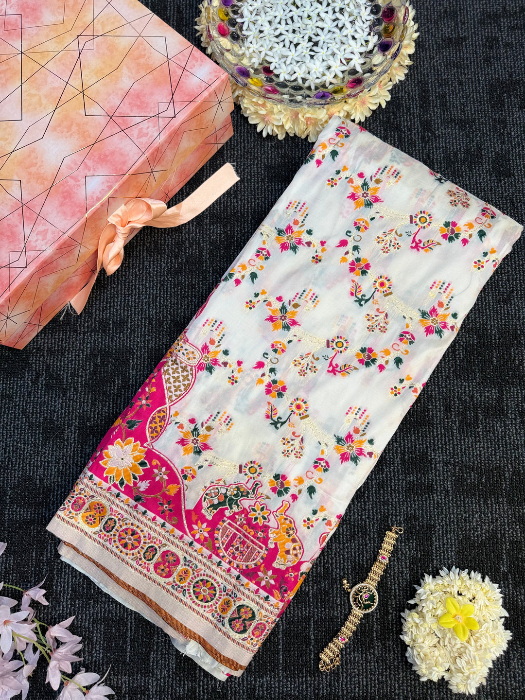 Rangrez Heritage Pashmina Saree with Floral &amp; Folk Art Detailing