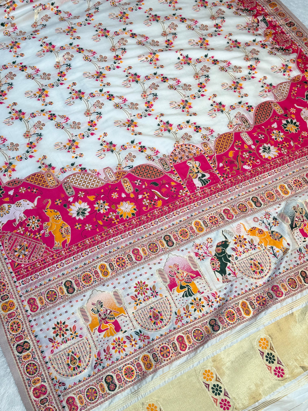 Rangrez Heritage Pashmina Saree with Floral &amp; Folk Art Detailing