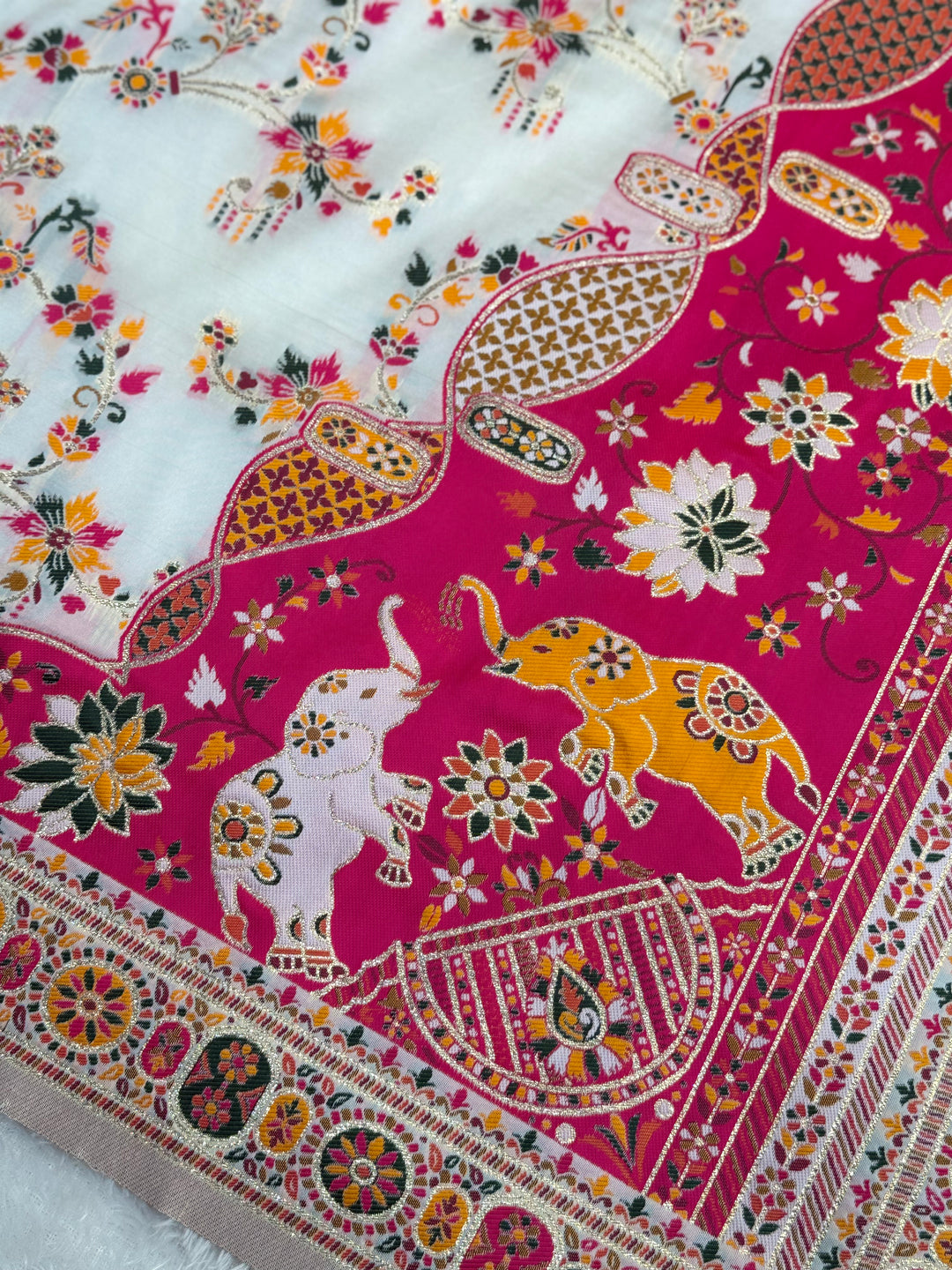 Rangrez Heritage Pashmina Saree with Floral &amp; Folk Art Detailing