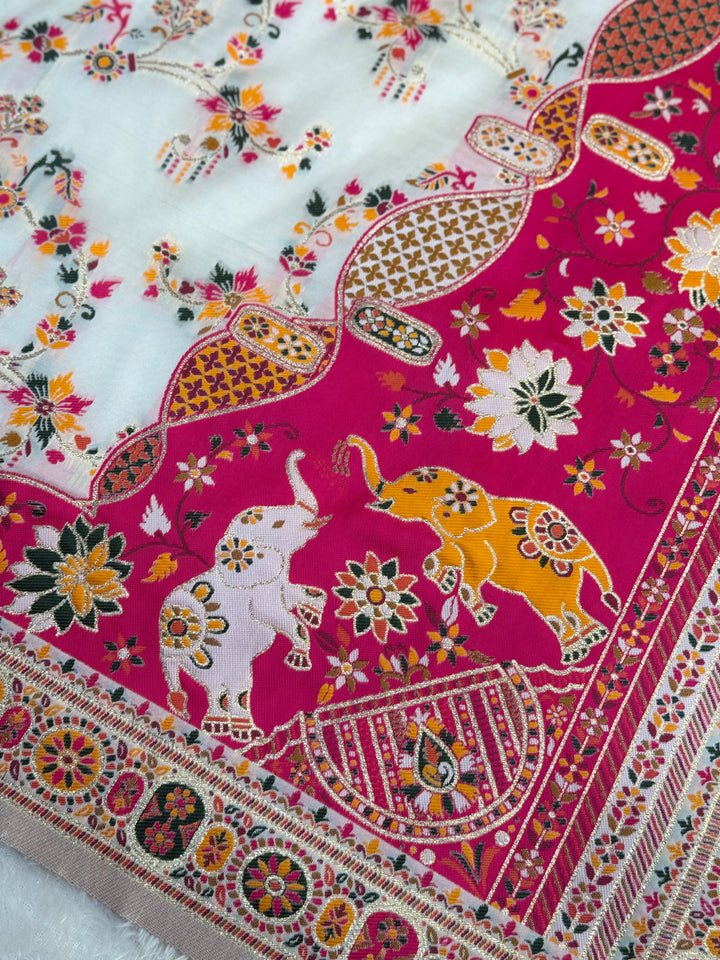 Rangrez Heritage Pashmina Saree with Floral &amp; Folk Art Detailing