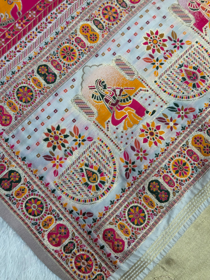 Rangrez Heritage Pashmina Saree with Floral &amp; Folk Art Detailing