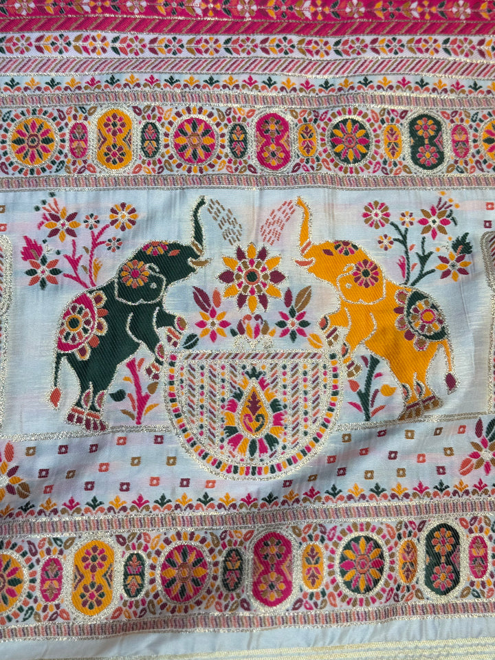 Rangrez Heritage Pashmina Saree with Floral &amp; Folk Art Detailing