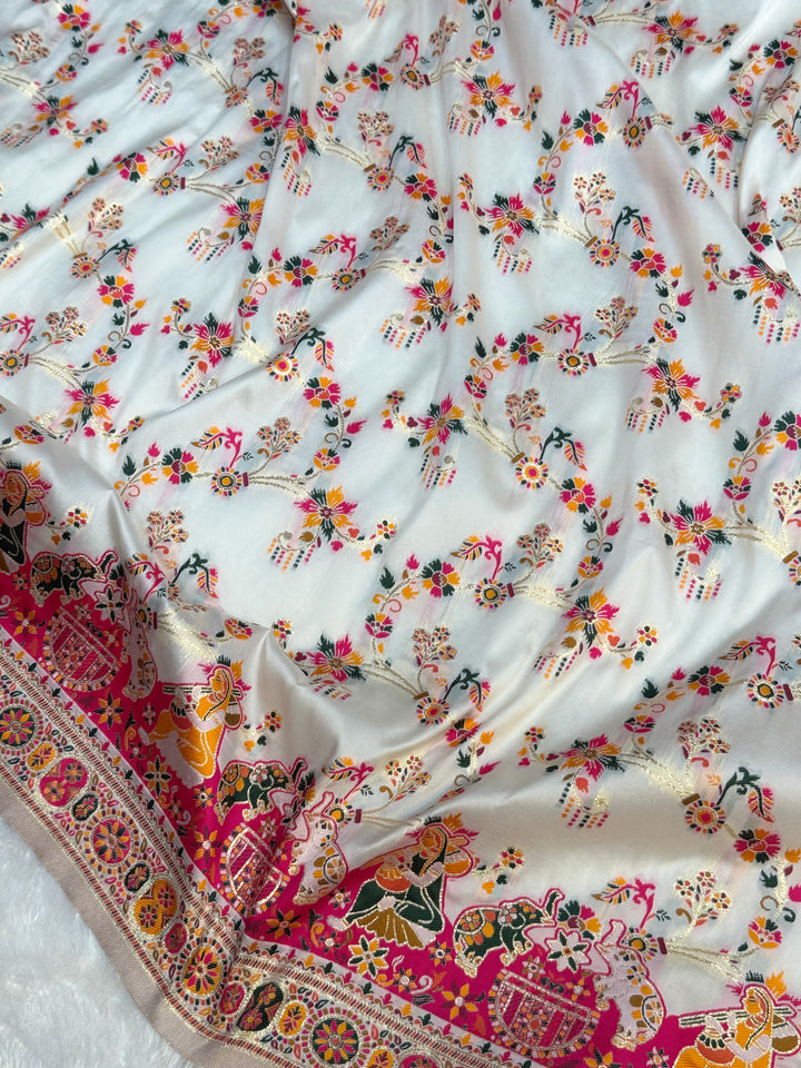 Rangrez Heritage Pashmina Saree with Floral &amp; Folk Art Detailing