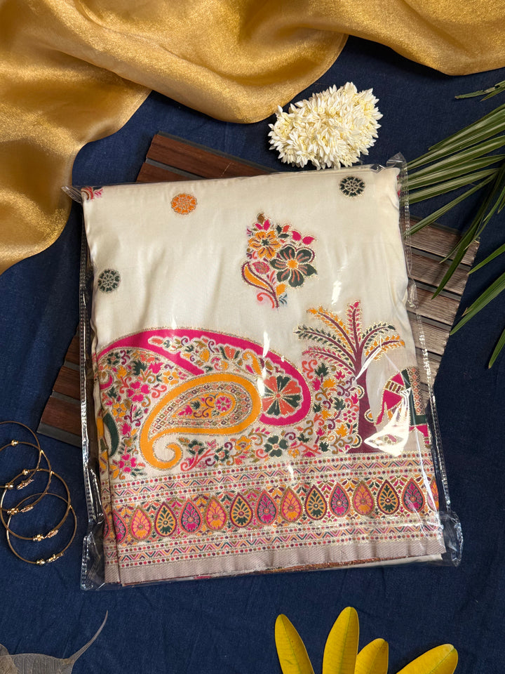 Luxury Ivory Floral Saree with Intricate Paisley Embroidery Details