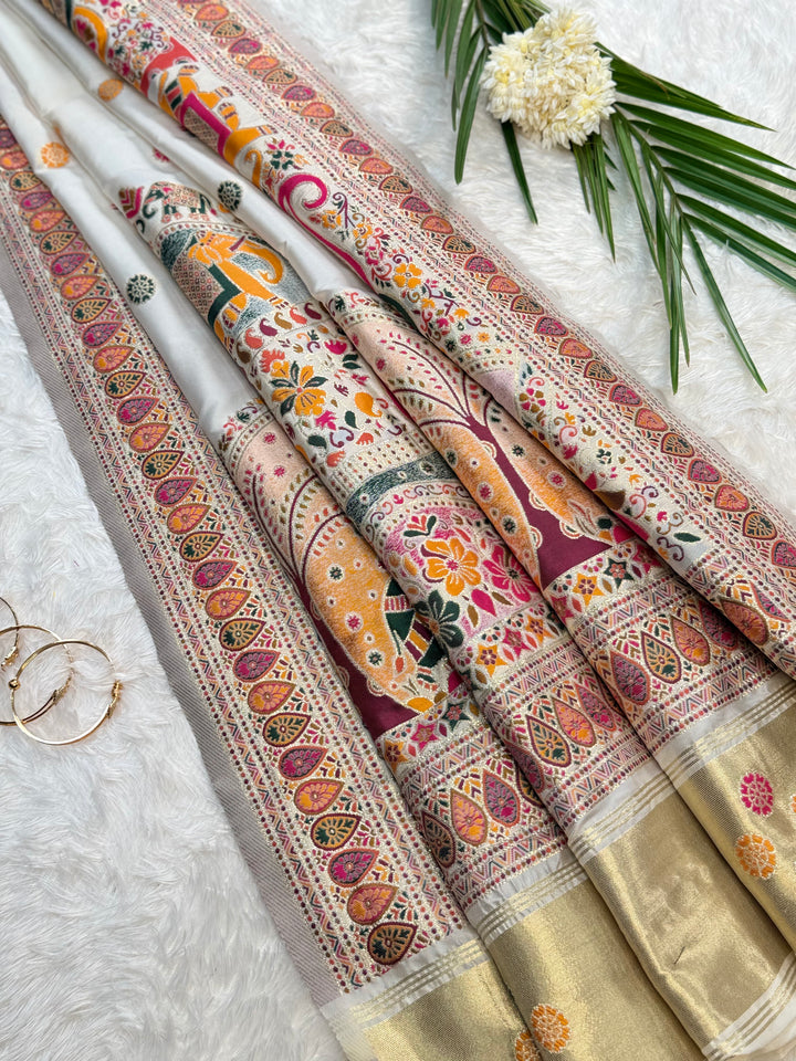 Luxury Ivory Floral Saree with Intricate Paisley Embroidery Details