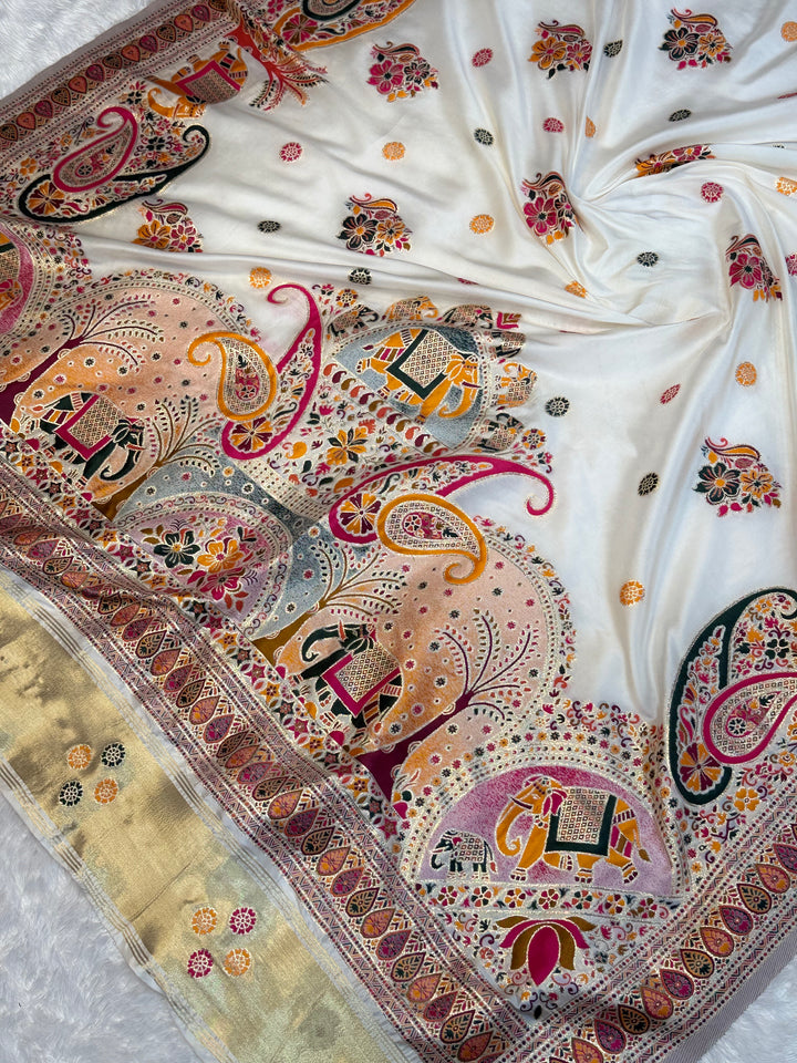 Luxury Ivory Floral Saree with Intricate Paisley Embroidery Details