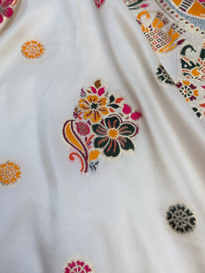 Luxury Ivory Floral Saree with Intricate Paisley Embroidery Details