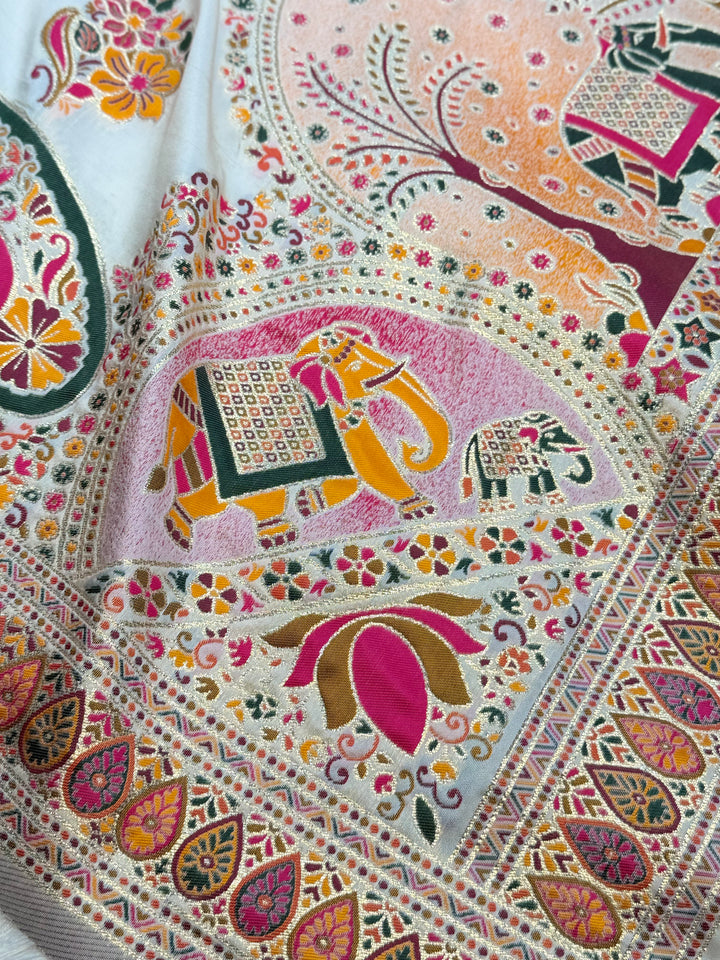 Luxury Ivory Floral Saree with Intricate Paisley Embroidery Details