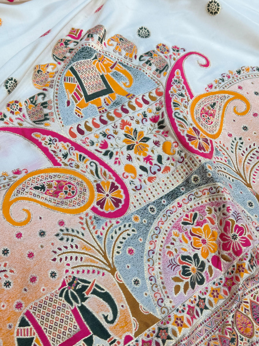 Luxury Ivory Floral Saree with Intricate Paisley Embroidery Details