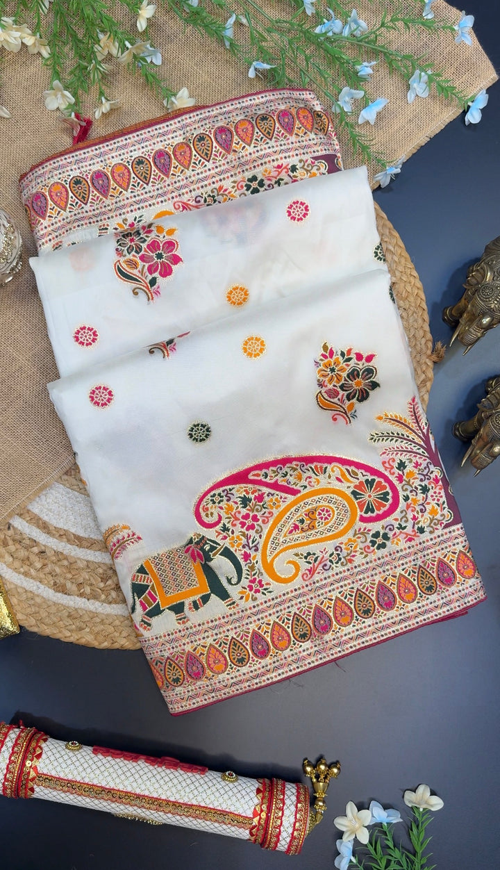 Rajwada Rangoli – A Royal Heritage Saree Featuring Exquisite Paisley, Floral &amp; Elephant Motifs