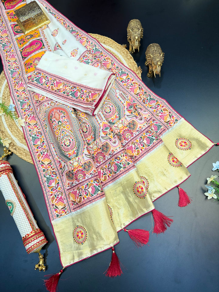 Elegant Floral Paisley Jacquard Pashmina Saree with Traditional Multicolor Border
