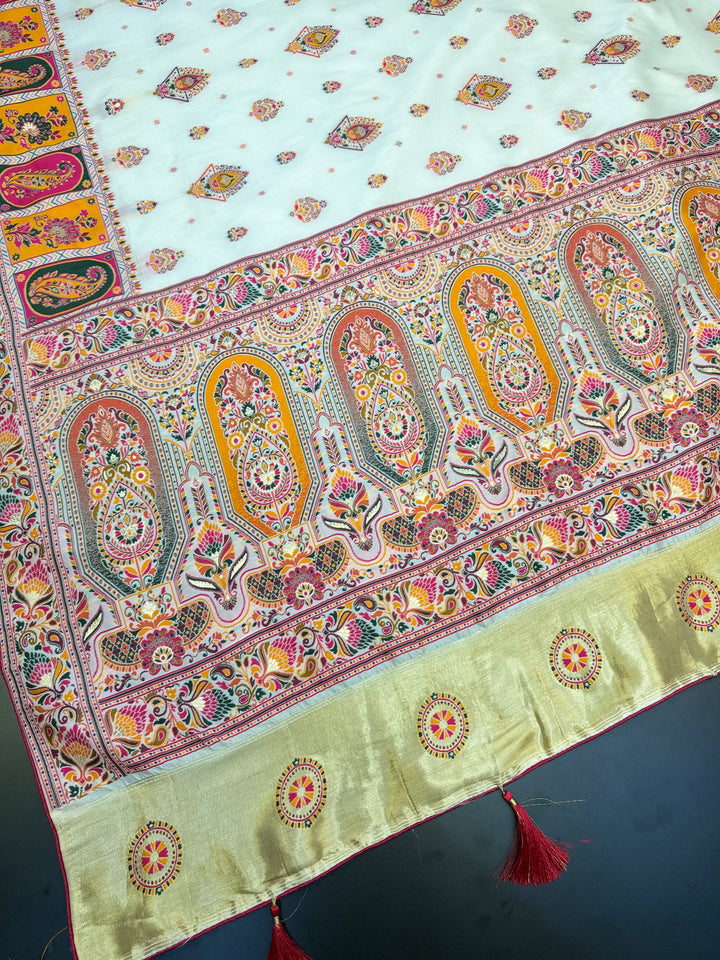 Elegant Floral Paisley Jacquard Pashmina Saree with Traditional Multicolor Border