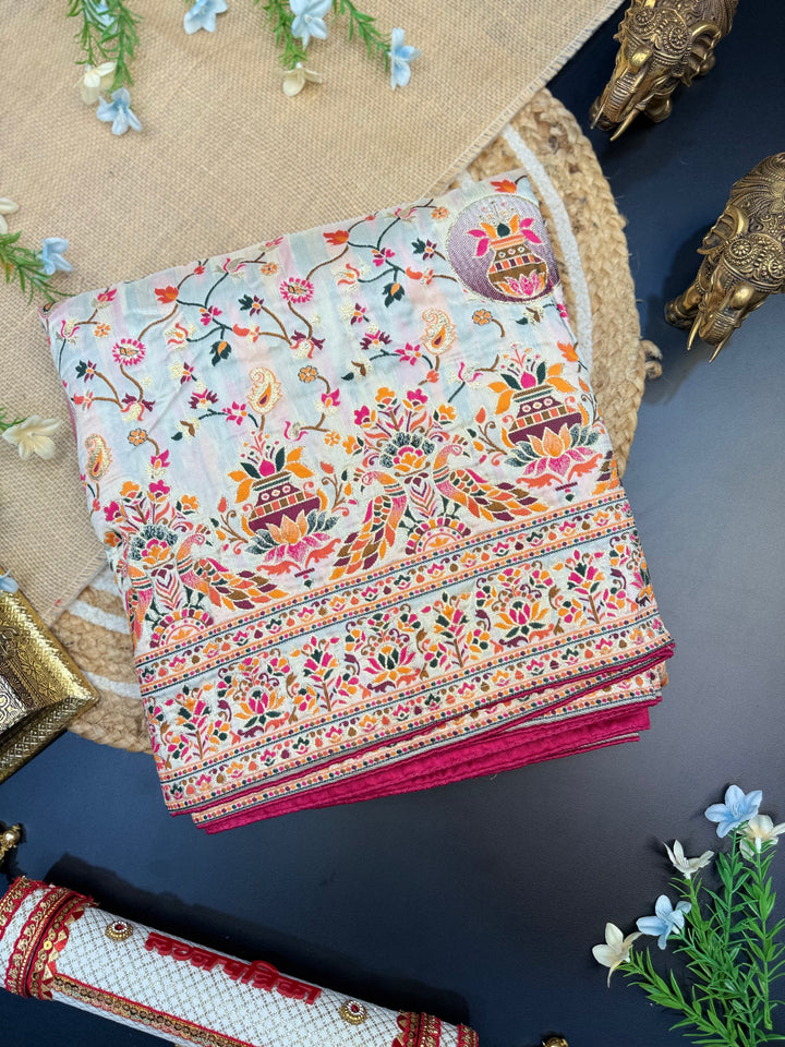 Graceful Multicolor Pashmina Saree with Intricate Ethnic Floral Patterns