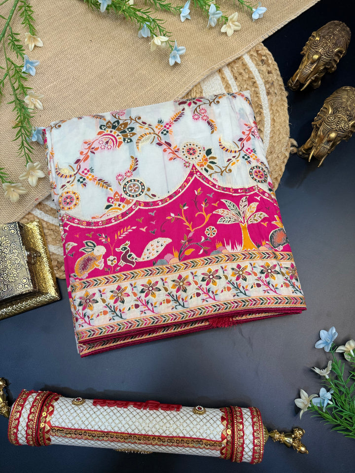 Festive Pashmina Saree with Rich Magenta Design &amp; Multicolor Floral Border