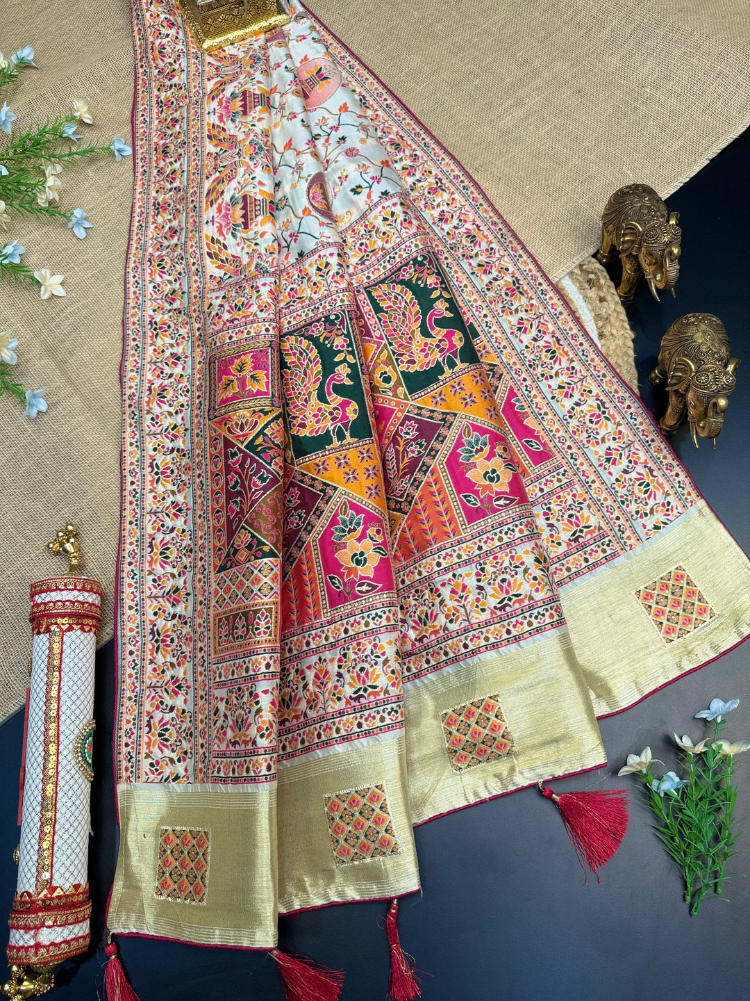 Graceful Multicolor Pashmina Saree with Intricate Ethnic Floral Patterns