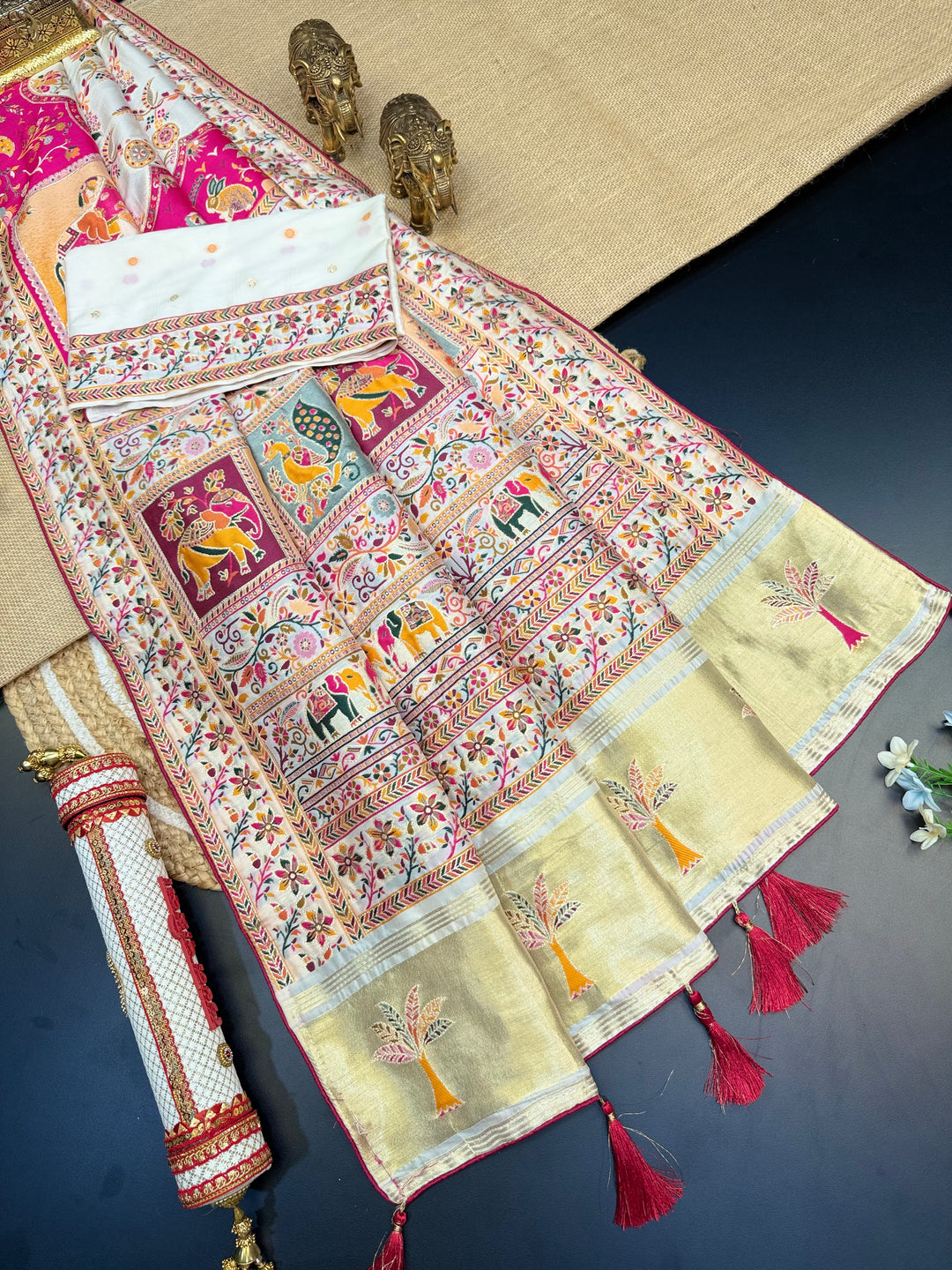 Festive Pashmina Saree with Rich Magenta Design &amp; Multicolor Floral Border