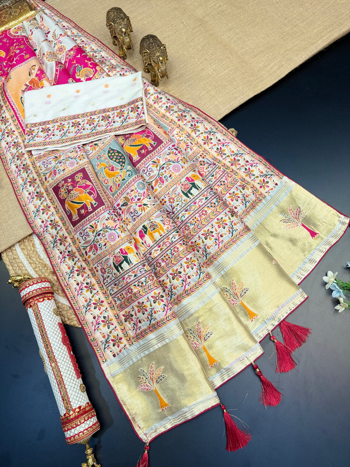 Festive Pashmina Saree with Rich Magenta Design &amp; Multicolor Floral Border