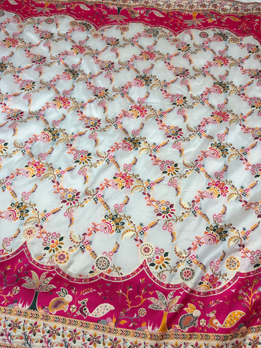 Festive Pashmina Saree with Rich Magenta Design &amp; Multicolor Floral Border