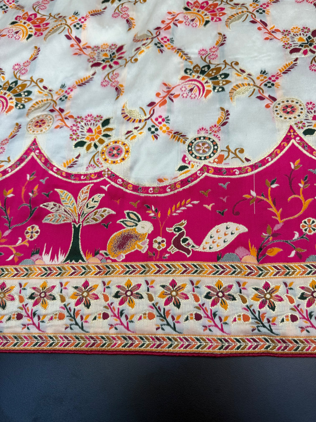 Festive Pashmina Saree with Rich Magenta Design &amp; Multicolor Floral Border